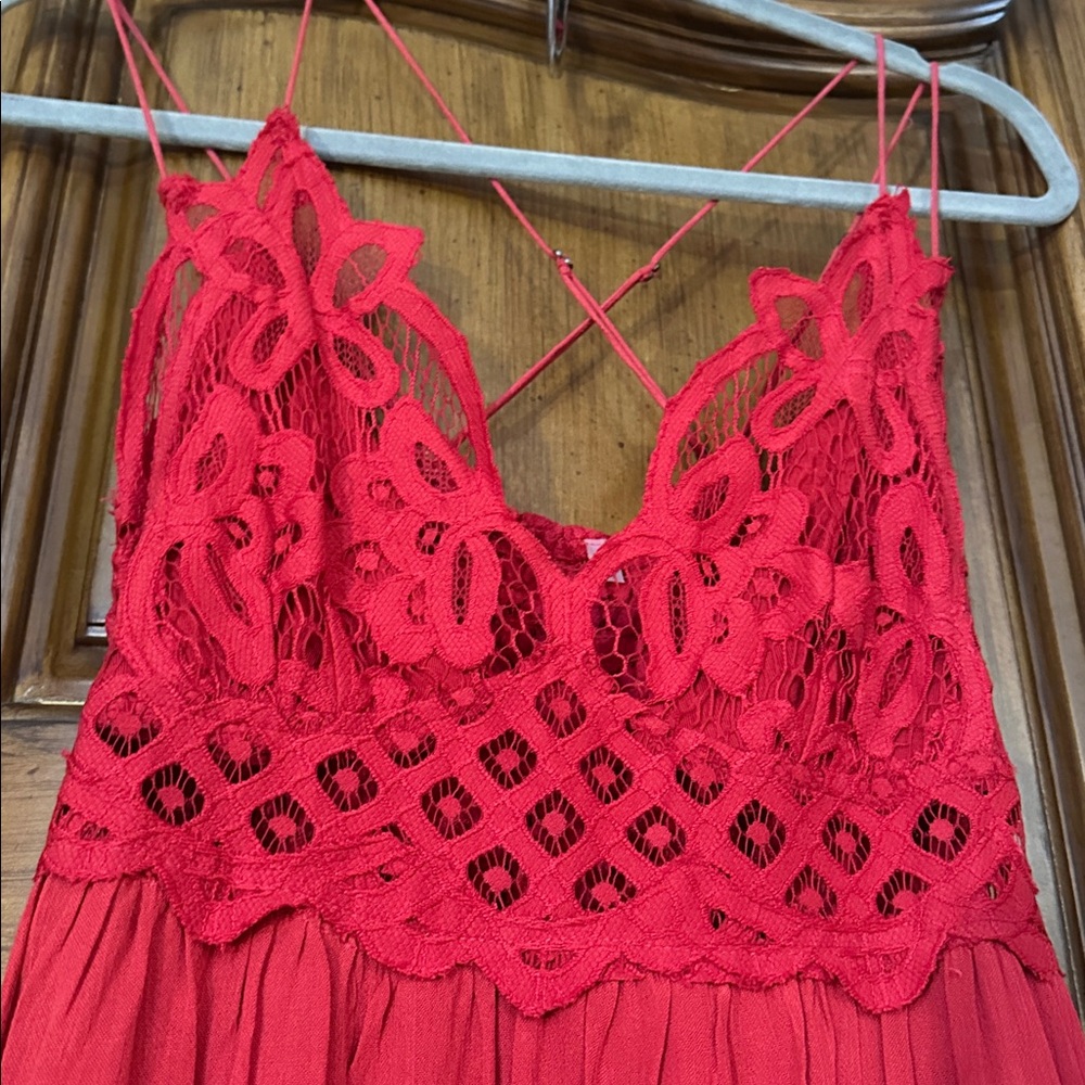 Free People Like New Adella Crochet Lace Ruffle Maxi Slip Full Length Red Dress - Picture 13 of 17